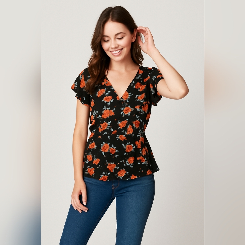 Almost Famous Size XL Flirty & Fun Black & Red Floral V-Neck Peplum Blouse